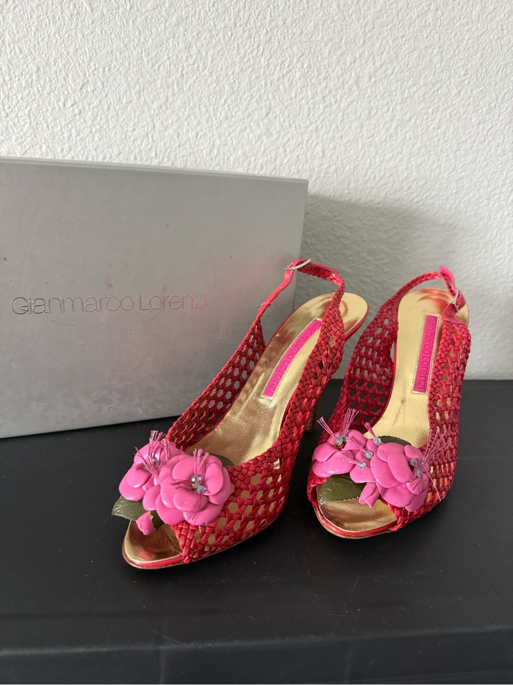 Gianmarco Lorenzi Red Woven Peep-Toe Slingback Heels with Pink Flower Accent